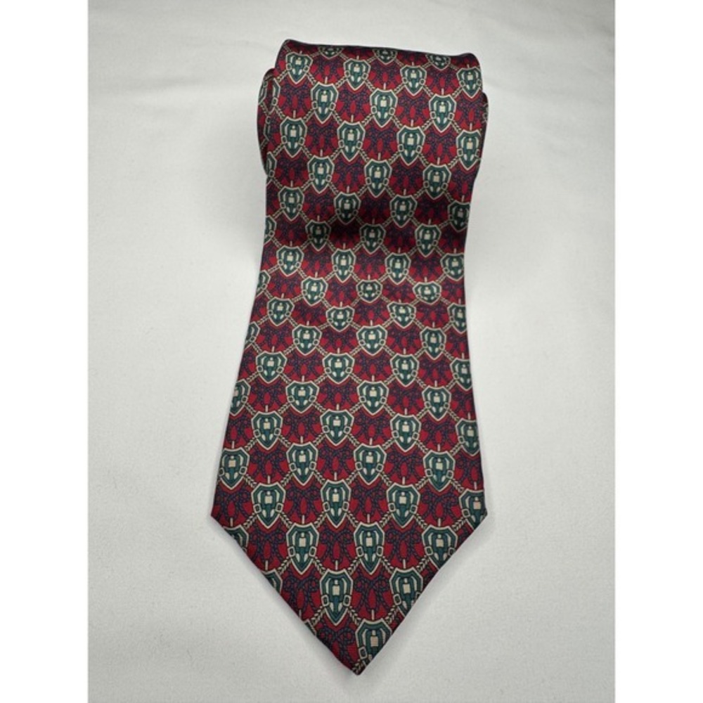 Bert Pulitzer Vintage Mens Silk Tie Red Teal Geometric Shield Made in USA